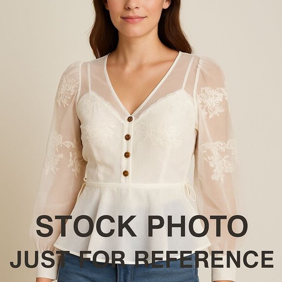 Sheer White Lace Button-Front Top Belted Waist & Long Sleeves Alex Evenings - Picture 2 of 15